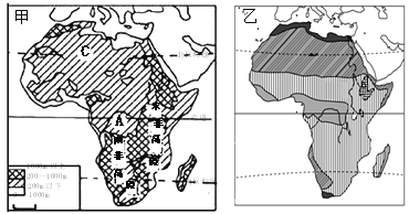 读图甲—非洲地形图,图乙—非洲气候类型图,回答问题.