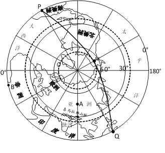 下图是以北极为中心的地球俯视图,弧线pmq表示晨昏线,p地正值日落